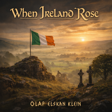 Irische Landschaft mit einer Flagge, Sonnenuntergang und alten Grabsteinen.